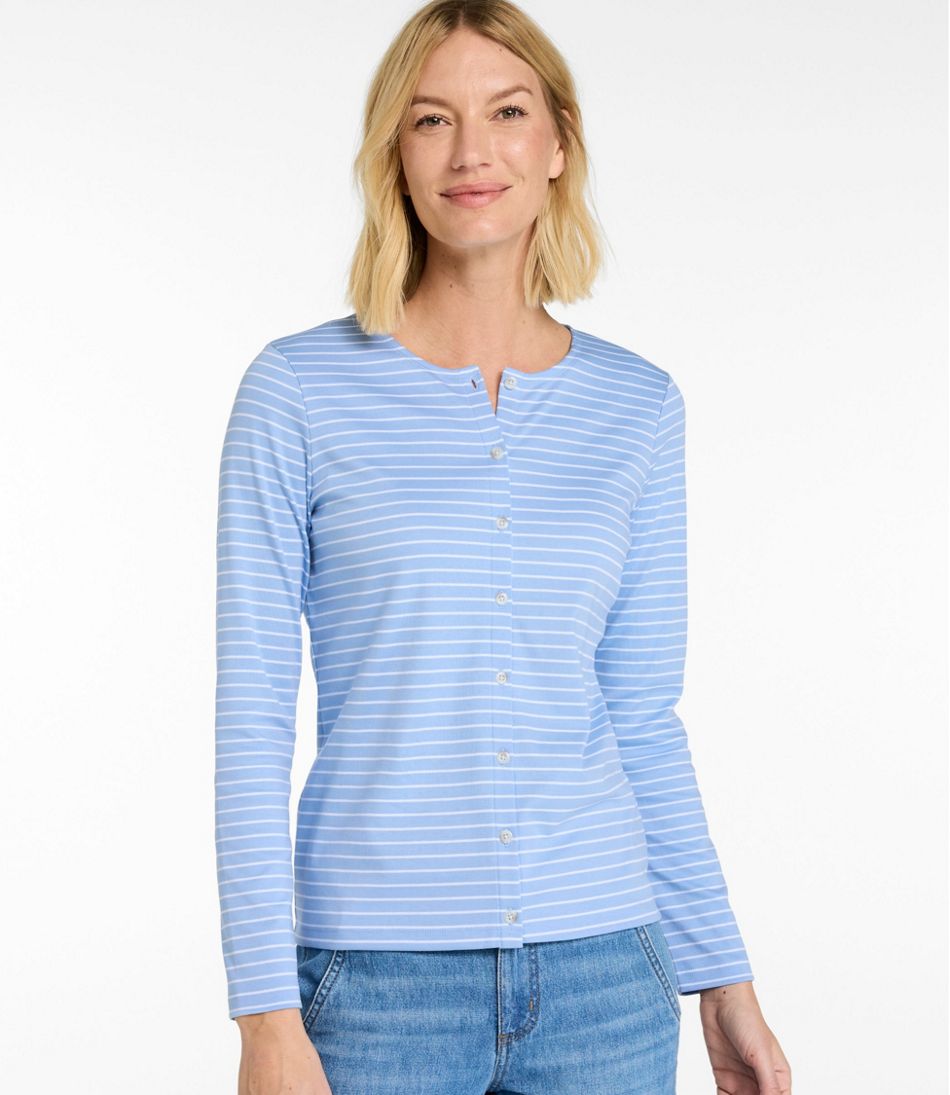 Women's Pima Cotton Tee, Long-Sleeve Crewneck Cardigan Stripe / L.L.Bean