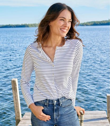Women's Pima Cotton Tee, Long-Sleeve Crewneck Cardigan Stripe / L.L.Bean