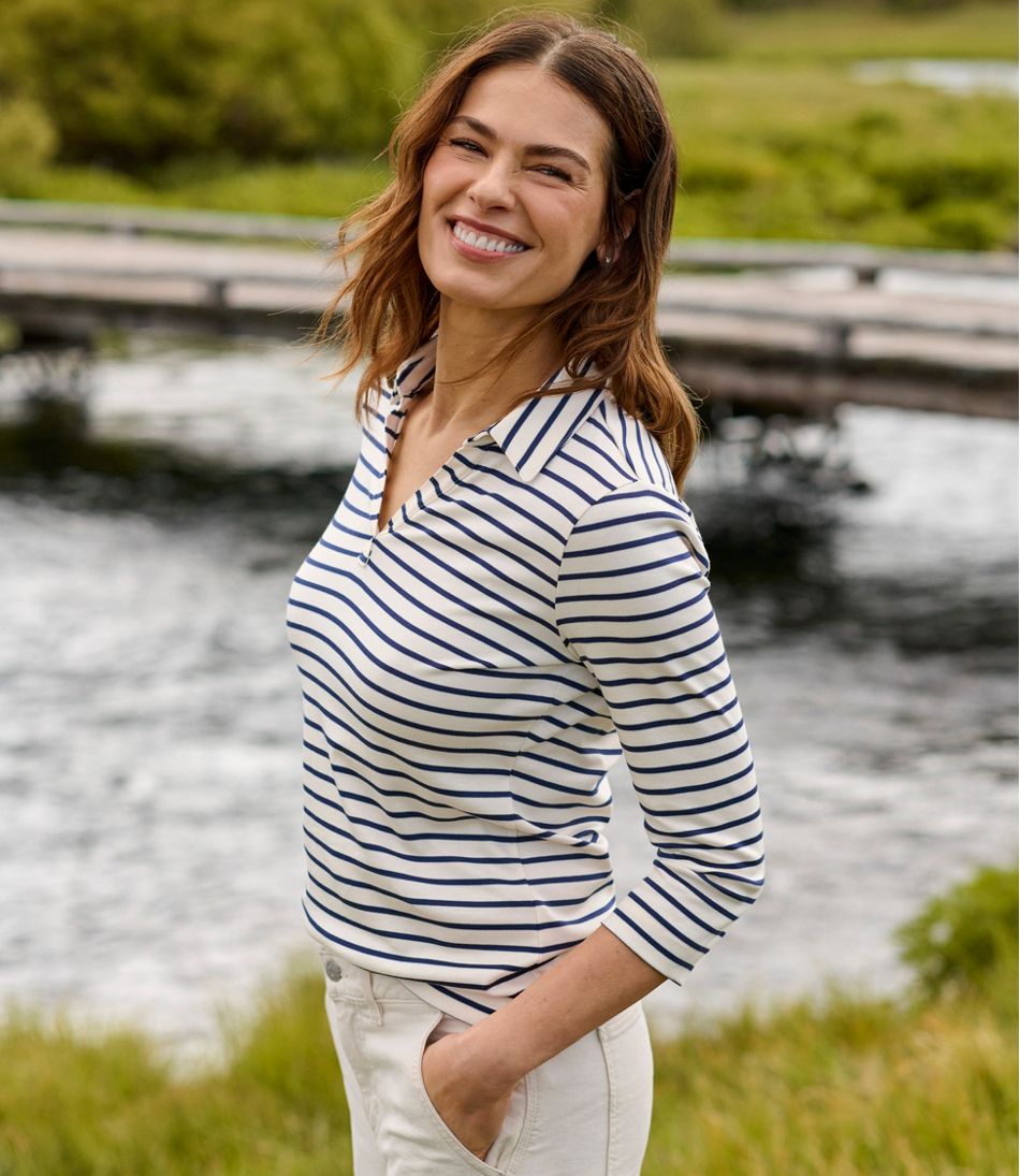 Women's Pima Cotton Tee, Three-Quarter-Sleeve Polo Stripe / L.L.Bean