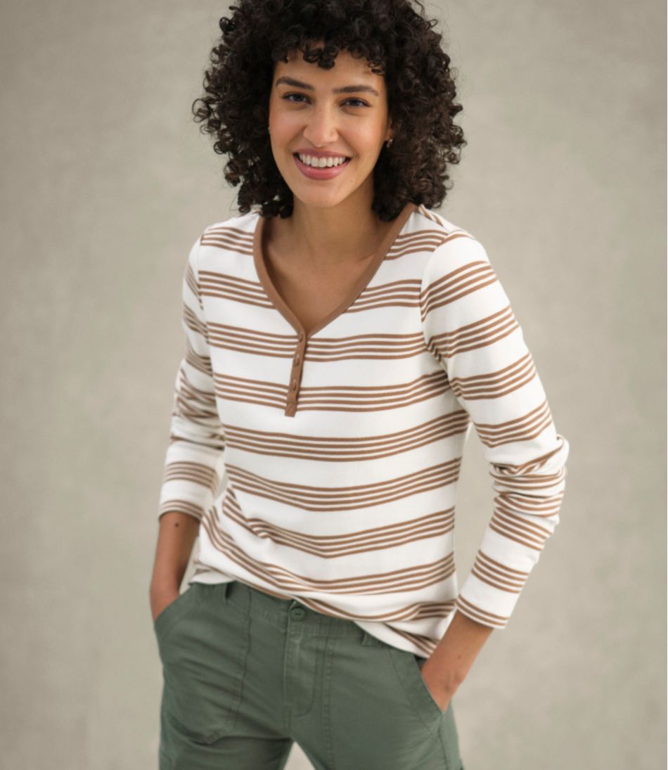 Women's V-Neck Henley, Long-Sleeve Stripe / L.L.Bean