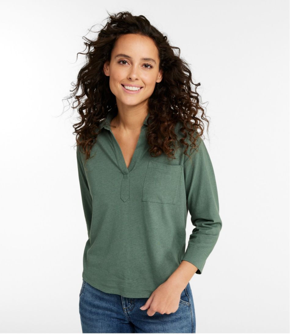 Women's Linen/Cotton Tee, Three-Quarter-Sleeve Splitneck Polo / L.L.Bean