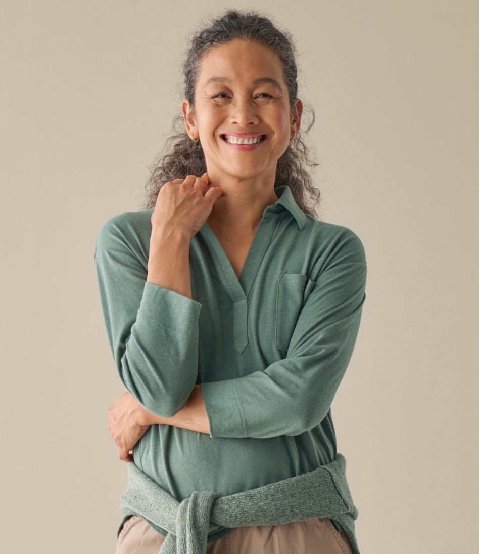 Women's Linen/Cotton Tee, Three-Quarter-Sleeve Splitneck Polo / L.L.Bean