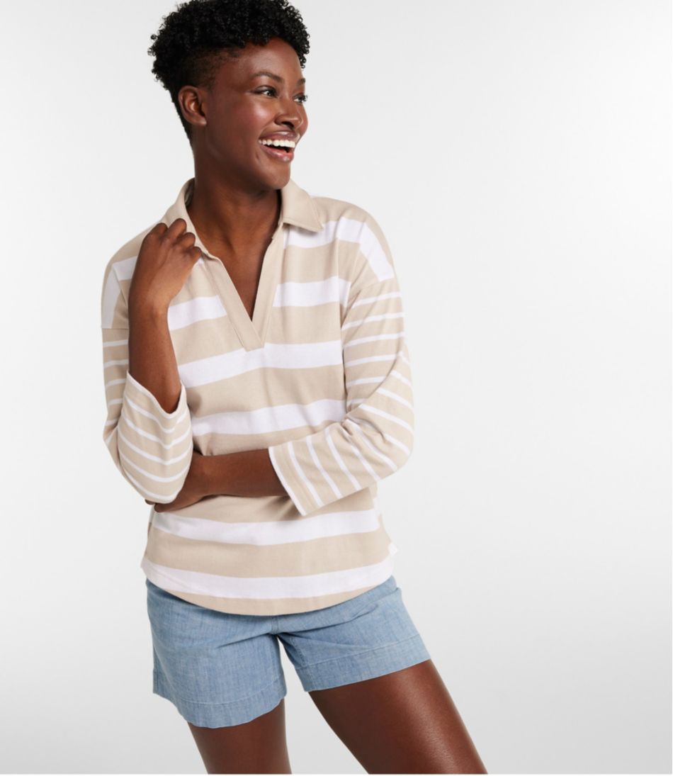 Women's Heritage Mariner Top, Splitneck Polo Three-Quarter-Sleeve, Block Stripe / L.L.Bean