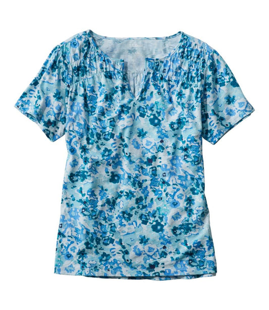 Women's Organic Cotton Tee, Smocked Notch-Neck Short-Sleeve Print / L.L.Bean