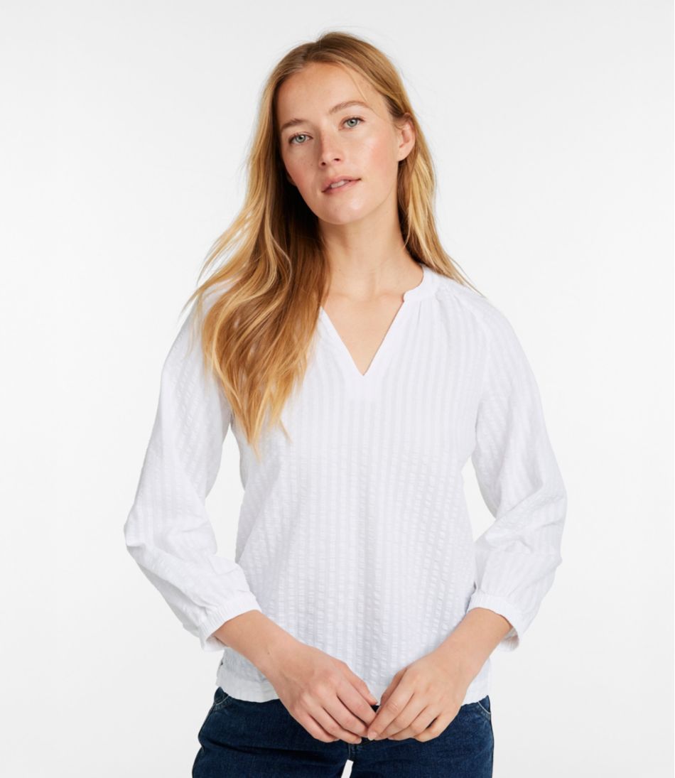 Women's Bean's Seacoast Seersucker Splitneck Shirt / L.L.Bean