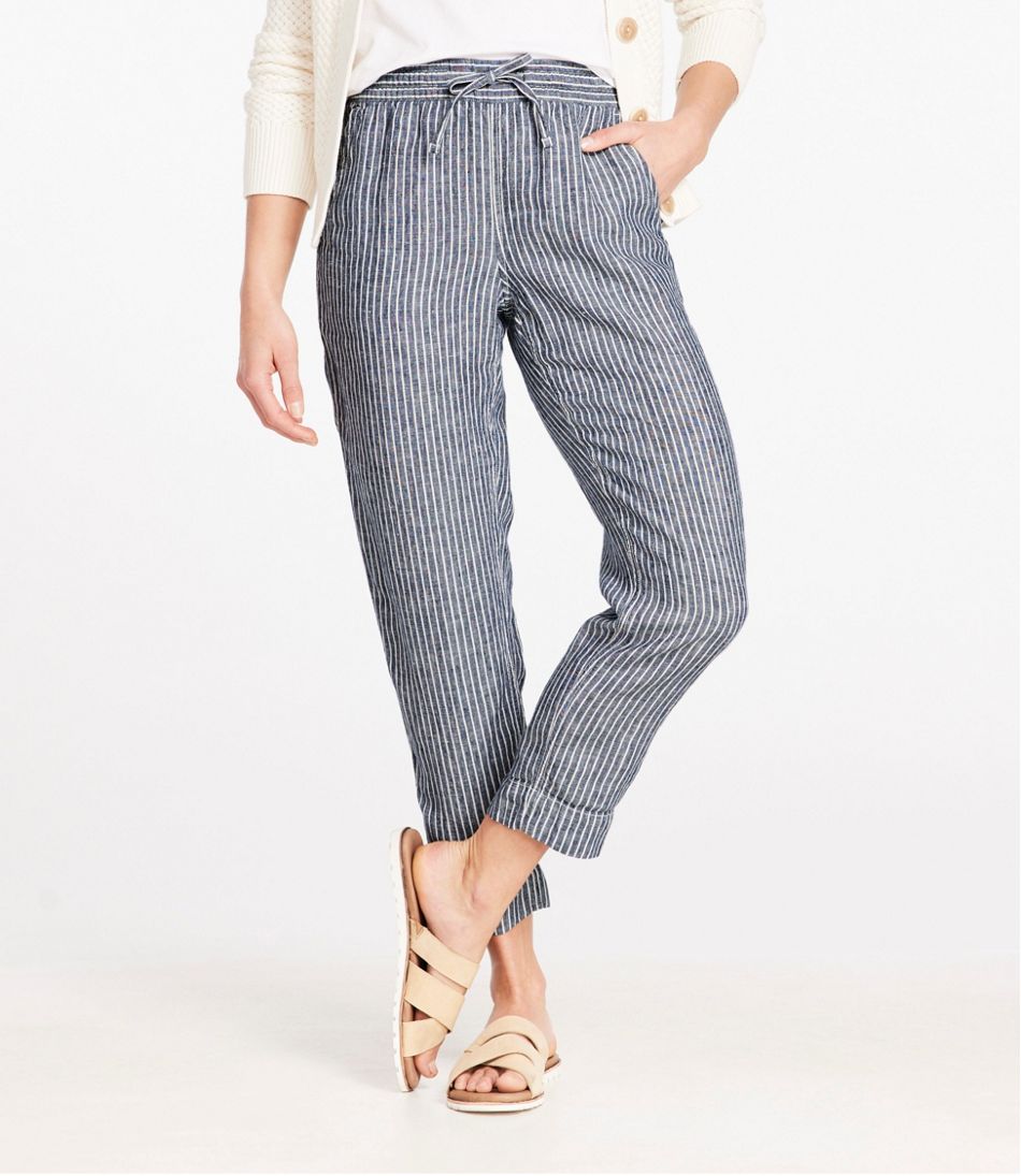 Women's Premium Linen Pull-On Ankle Pants, Mid-Rise Tapered-Leg Stripe / L.L.Bean