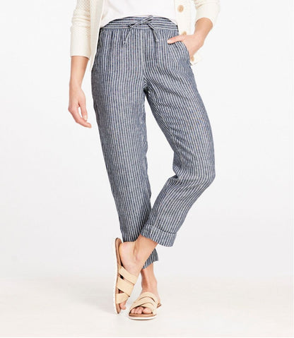 Women's Premium Linen Pull-On Ankle Pants, Mid-Rise Tapered-Leg Stripe / L.L.Bean