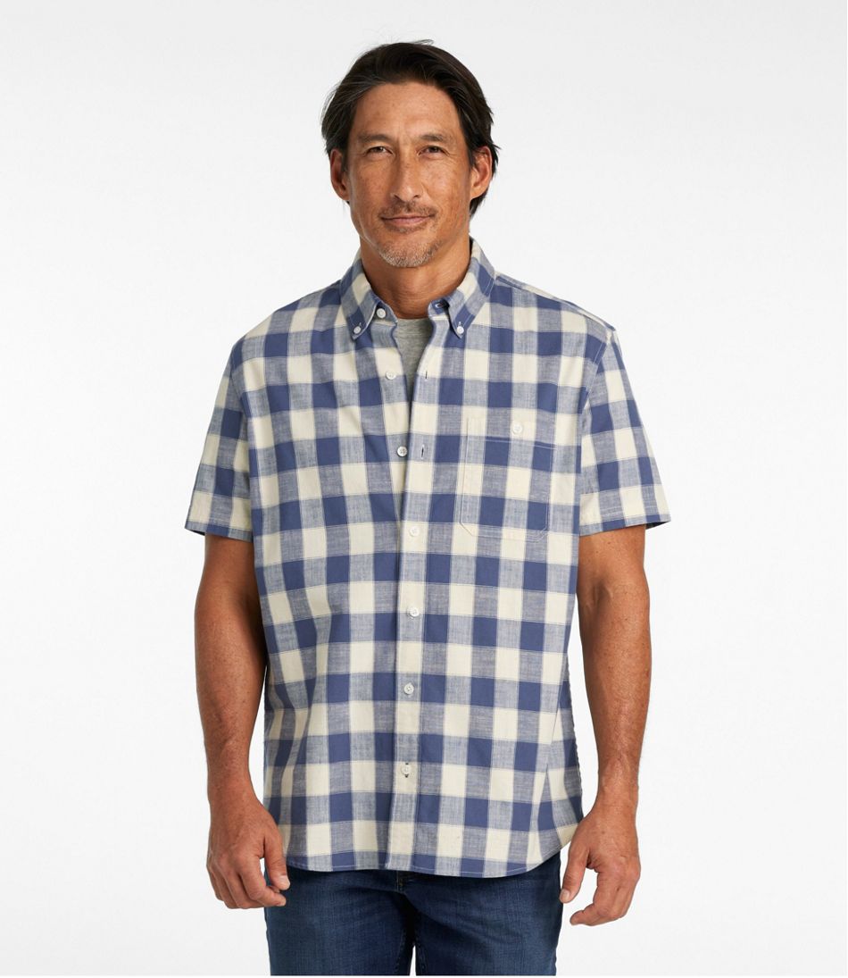 Men's Comfort Stretch® Chambray Shirt, Slightly Fitted Untucked Fit, Short-Sleeve, Plaid / L.L.Bean