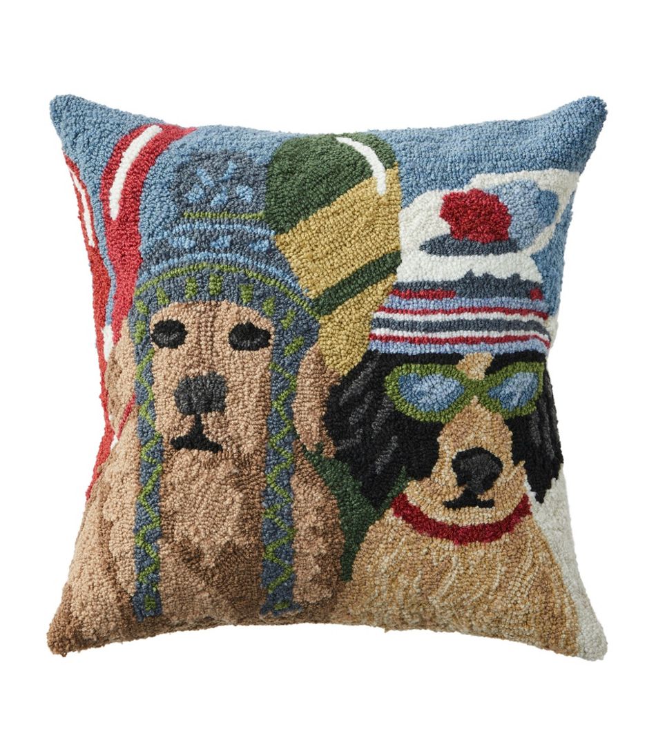 Indoor/Outdoor Hooked Pillow, Dogs Skiing / L.L.Bean