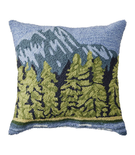 Indoor/Outdoor Hooked Pillow, Lakeside Mountain Scene / L.L.Bean
