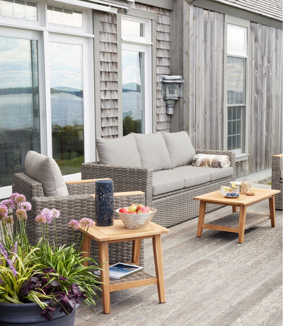 Wicker Storage Sofa and Teak Coffee Table Set / L.L.Bean