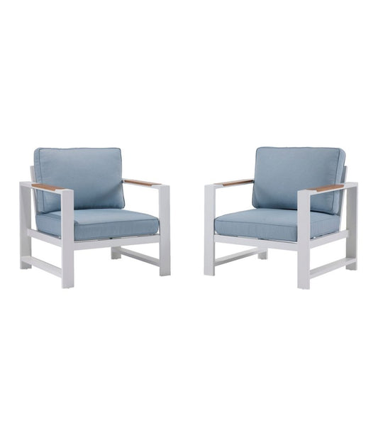 White Aluminum Deep Seating Armchair with Blue Cushions, Set of Two / L.L.Bean